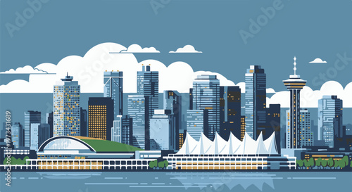 Pixelated city skyline at dusk with prominent tower, modern buildings, and waterfront structures