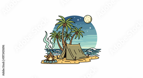 A beach campsite under the moonlit sky with palm trees, a tent, and a crackling campfire