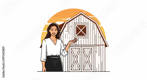 Woman gestures towards a rustic barn under a warm sunset sky