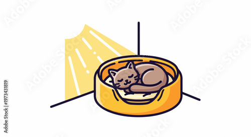 A cozy, brown cat sleeps peacefully in a yellow pet bed, bathed in warm sunlight