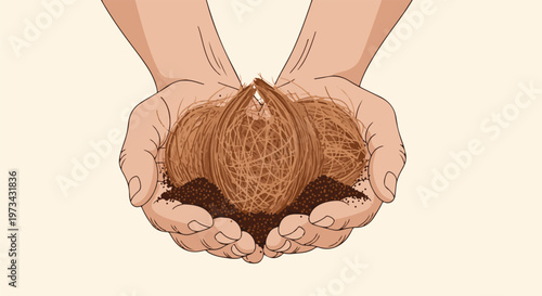 Hands cradle a nest of cocoons and dark soil, symbolizing potential and nurturing growth