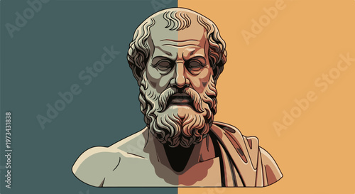 Stylized pixel art bust of a wise old man with a beard against a split-colored background