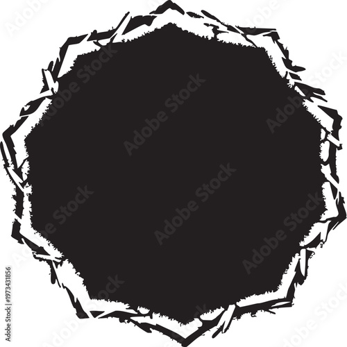 A visually striking geometric design resembling a torn paper circular shape with jagged edges