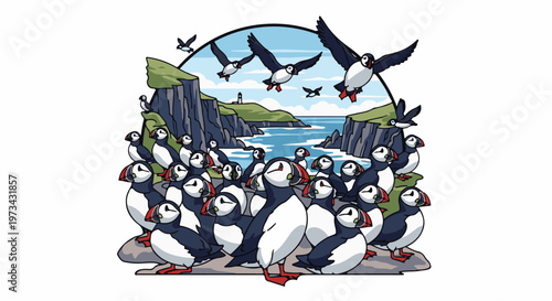 A colony of puffins congregates on a rocky coastline under a bright sky with several birds in flight