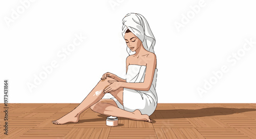 Woman in towel applying lotion to leg