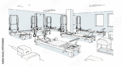 A line drawing of a brightly lit room with several pilates reformers and other equipment