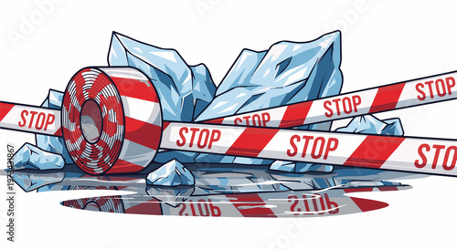 Icebergs, caution tape, and a life preserver, symbolizing danger or warning