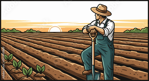 Farmer with shovel at sunrise overseeing a newly planted field