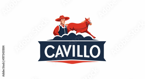 A man in a straw hat and vest leads a spirited horse over a dark blue, cloud-like shape