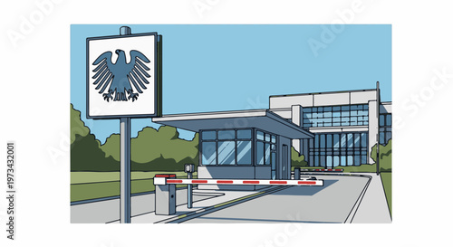 Modern building entrance with security booth, barrier, and eagle emblem sign