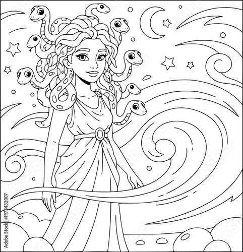 Medusa coloring page featuring a mythical gorgon with snakes and ancient ruins