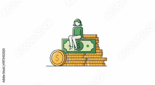 Person sits atop cash pile, wealth concept, single coin foreground