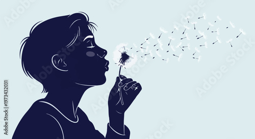 A silhouette of a person blowing a dandelion, releasing seeds into the air