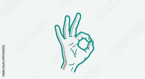A stylized hand forms an "okay" gesture, outlined in teal and gray