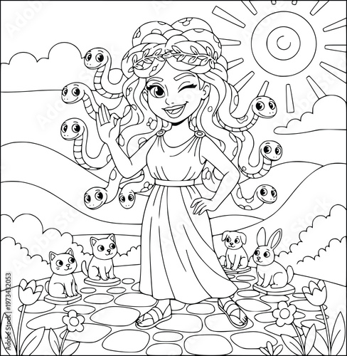  Gorgon coloring page featuring a cute mythical woman with snakes and pets