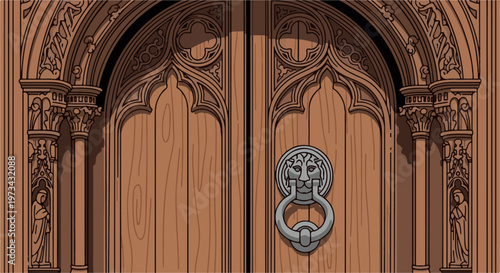 Ornate wooden doors with gothic architectural details and a lion-head knocker
