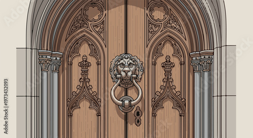 Ornate wooden double doors with a lion's head knocker and Gothic architectural details