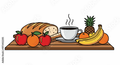 A simple illustration of a breakfast spread featuring bread, coffee, and assorted fruits
