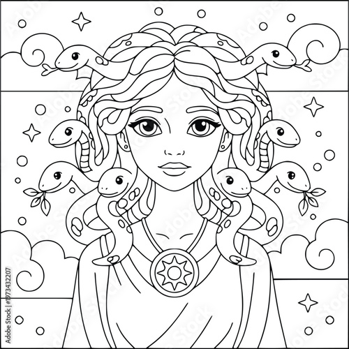 Medusa coloring page portrait of a mythical goddess with stars and clouds