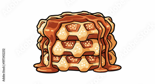 A stack of three waffles is generously drizzled with a thick, glossy caramel syrup