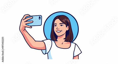 A smiling woman in a white shirt takes a selfie with her phone, framed by a blue circle
