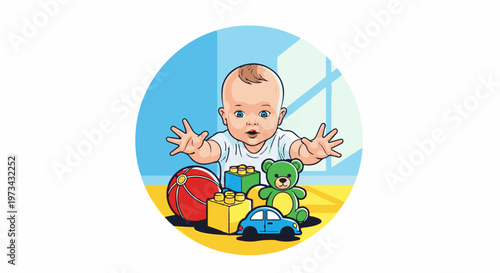Curious baby reaching for colorful toys including a ball, blocks, car, and teddy bear