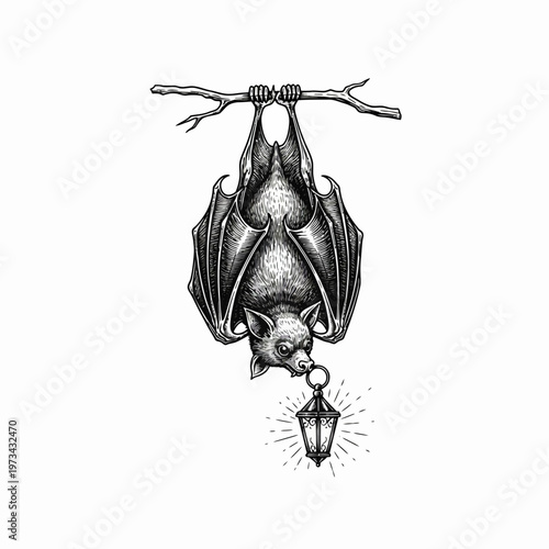 Bat hanging upside down from a branch holding a glowing lantern.