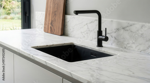 Lavello da cucina nero moderno incassato in top di marmo bianco con rubinetto minimalista. Generative AI 
