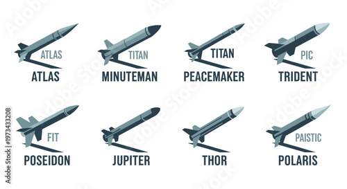 Collection of sleek, modern missile icons in a sophisticated teal and dark blue palette, featuring clean lines and sharp geometric shapes, perfect for educational materials or