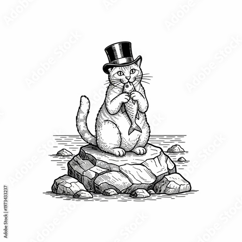 Elegant Cat in Top Hat Holding Fish on Rocks.
