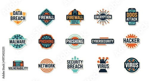 Collection of stylized vector icons representing cybersecurity threats like data breach, firewall, encryption, ddos attack, malware, phishing, hacker, vulnerability, network,