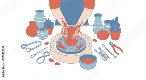 Hands Shaping Clay on Pottery Wheel, Crafting Ceramics, Hobby Studio