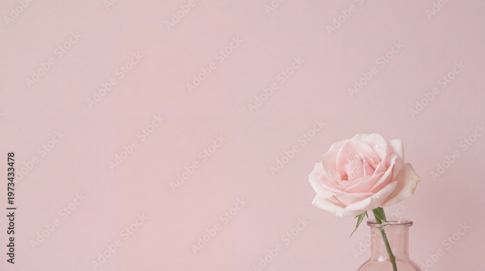 Fototapeta premium A delicate pink rose in a clear glass vase on a soft pink background