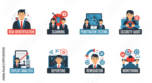 Cybersecurity process icons depicting risk identification, scanning, penetration testing, security audit, exploit analysis, reporting, remediation, and monitoring with clean