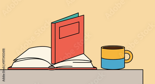 Open book and coffee mug on a table.