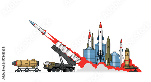 Dynamic vector scene depicting multiple missile launchers, a mobile rocket launcher vehicle firing, and various stationary ballistic missiles, showcasing strategic defense