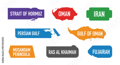 Strait of hormuz, persian gulf, oman, gulf of oman, iran, musandam peninsula, ras al khaimah, fujairah geographical regions depicted with clean lines, bold colors, and scalable