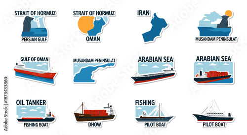 Set of maritime transport and geographic locations including oil tanker, cargo ship, dhow, fishing vessel, pilot boat, strait of hormuz, persian gulf, oman, musandam peninsula,