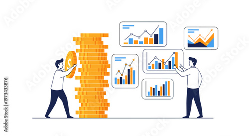 Two businessmen analyze financial charts and a towering stack of golden coins, symbolizing wealth accumulation and economic growth, rendered with clean lines and a vibrant blue,