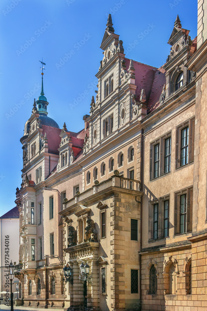 Obraz premium Historic Palace building at Schlossgasse, Dresden, Germany. View of facade and Schlossportal under clear sky in daylight