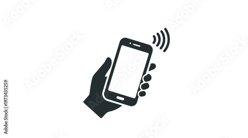 Hand holding mobile phone icon with wireless signal