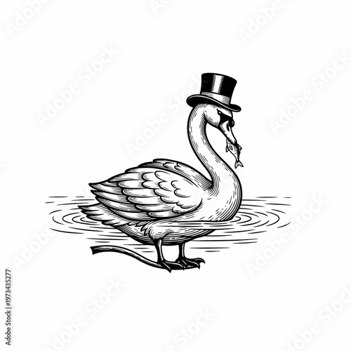 Elegant Swan with Top Hat and Monocle in Water Engraving.