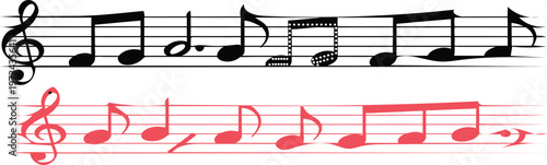 Musical notation sheet with treble clef and notes including a distorted red version