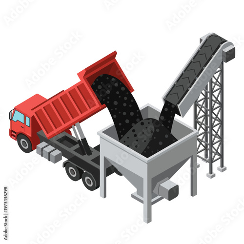 Isometric View of Coal Mining Operation with Truck and Conveyor.