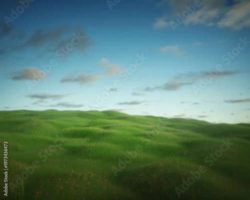 Blurred landscape with green field and blue sky with scattered clouds