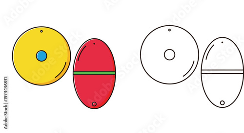 Colorful Fishing Floats and Bobbers Set with Black and White Line Art Version, Vector Illustration of Fishing Gear Icons for Outdoor Hobbies and Coloring Book Pages for Kids