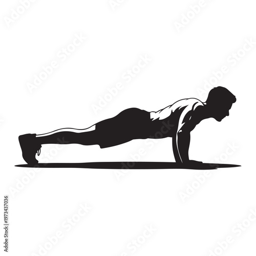 Fitness man silhouette performing push up exercise for strength training and bodyweight workout concept isolated on white background for ads.