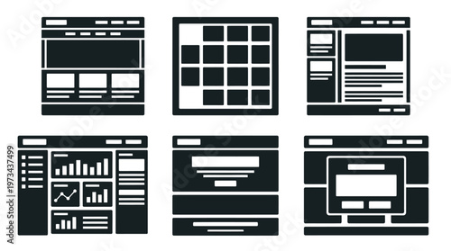 Website Interface Designs: A set of six unique website interface designs in a monochromatic palette, showcasing diverse layouts for web page design and development.