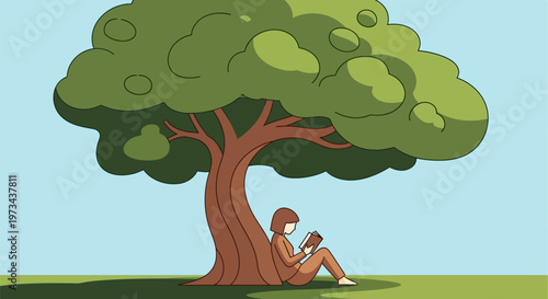 Person reading a book under a large tree.