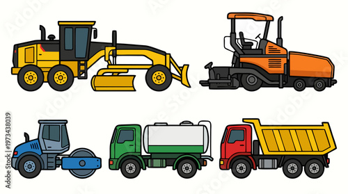 Heavy construction vehicle icons. Paver, grater, roller, tanker, dump truck. Vector set.
